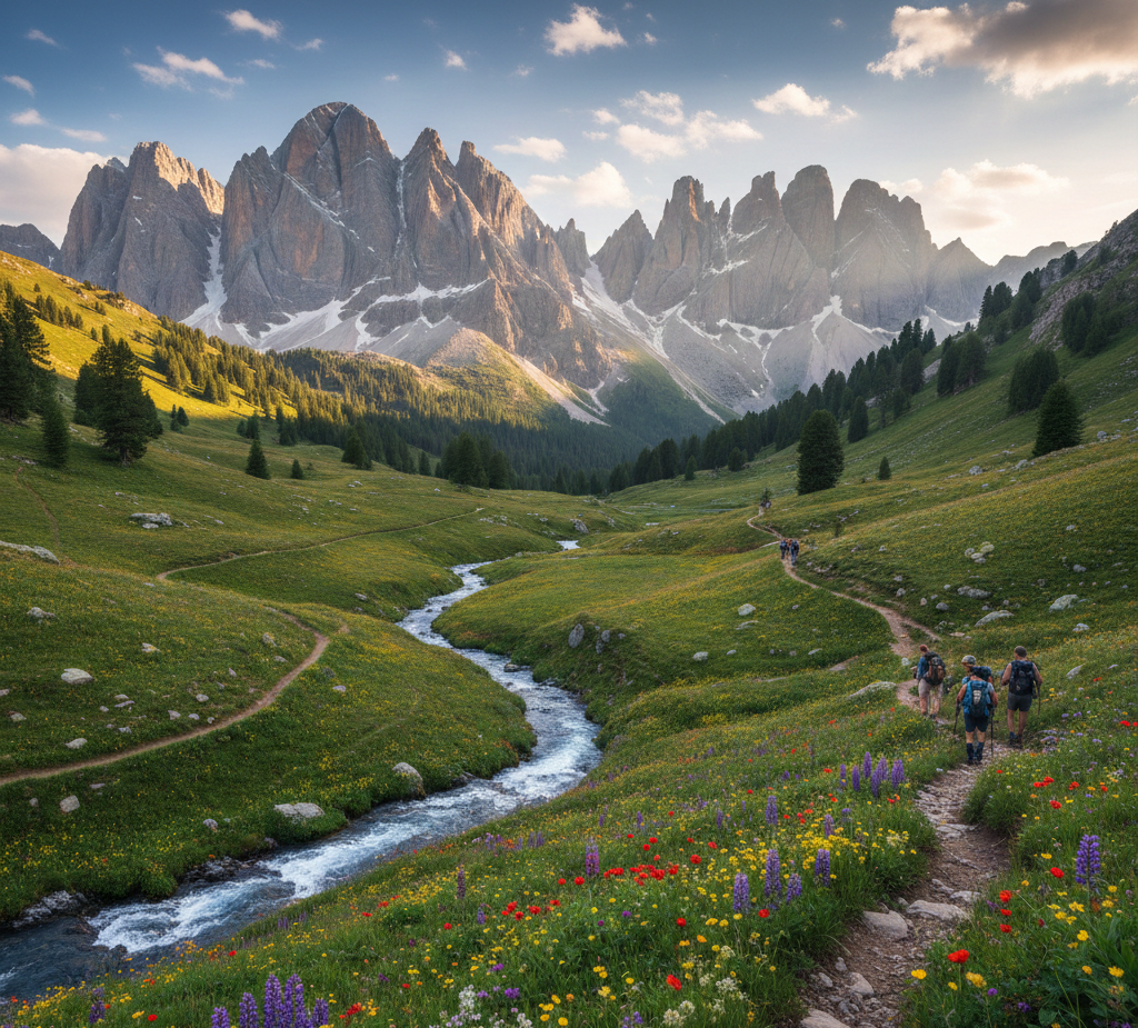 Majestic mountain peaks with hiking trails and alpine meadows